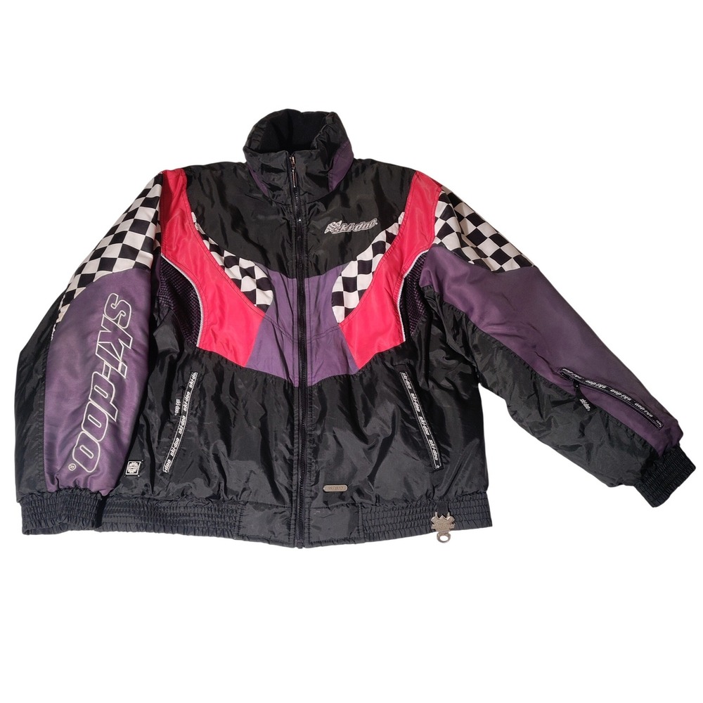 Skidoo Sno-Gear Snowmobile Jacket Black Purple Red Checkered Bombardier Rotax L